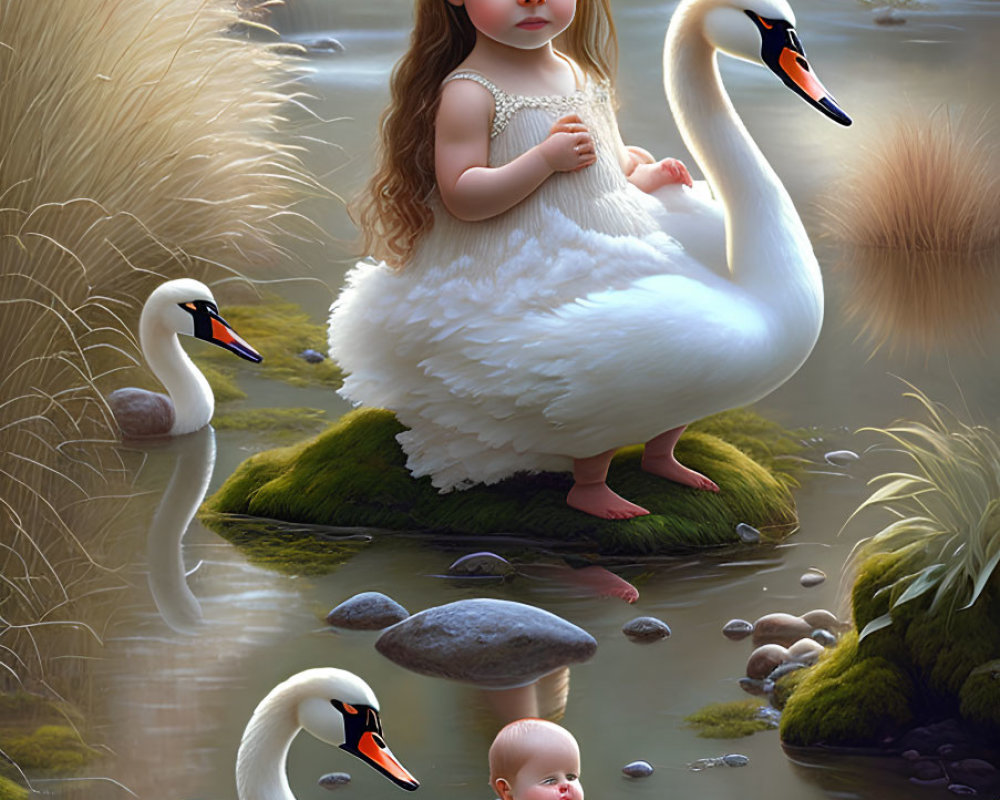 Young girl in white dress on swan surrounded by water and rocks.