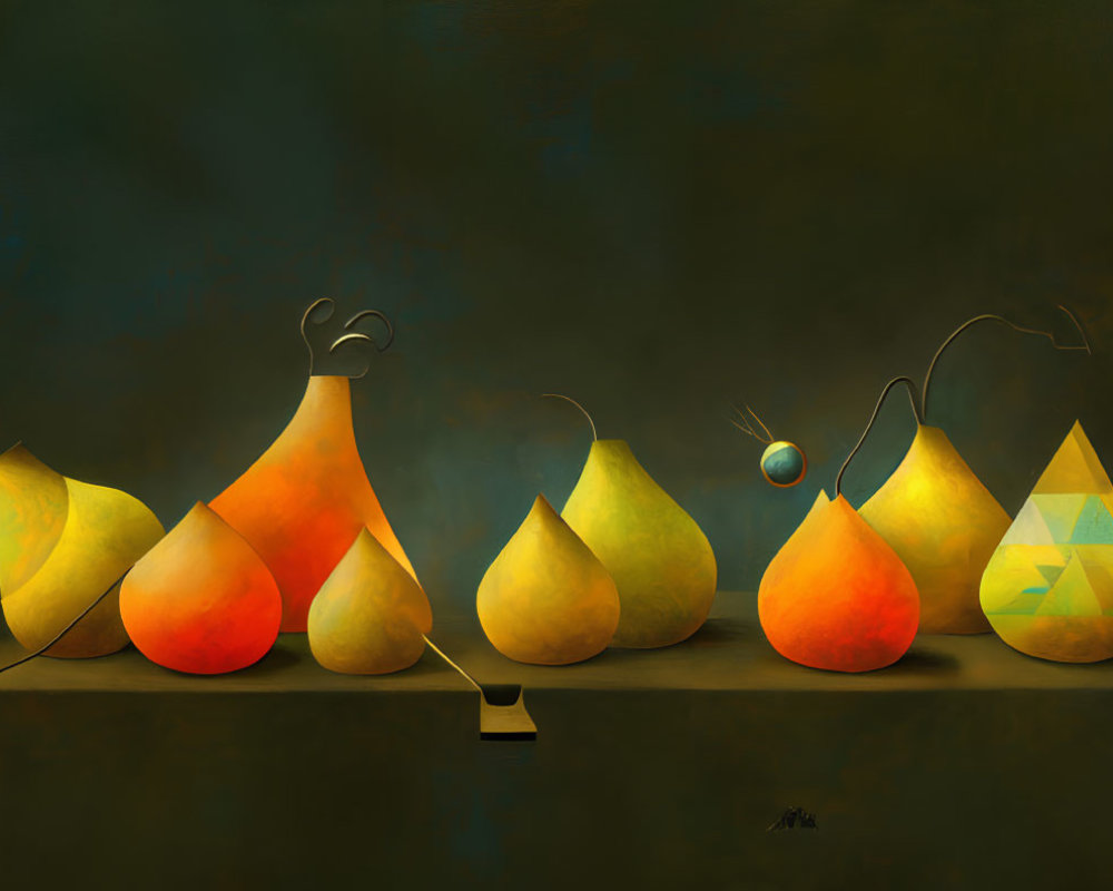 Five stylized pears in various sizes and tones on dark shelf with sliced one, against teal background