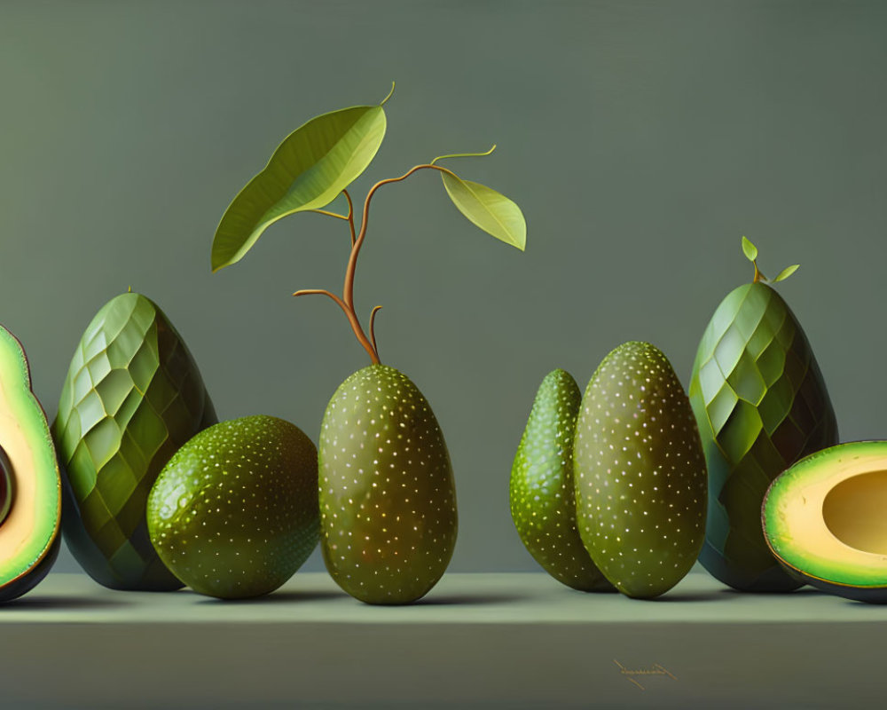 Digital painting of avocados in different stages of peeling and slicing, one with a sprout