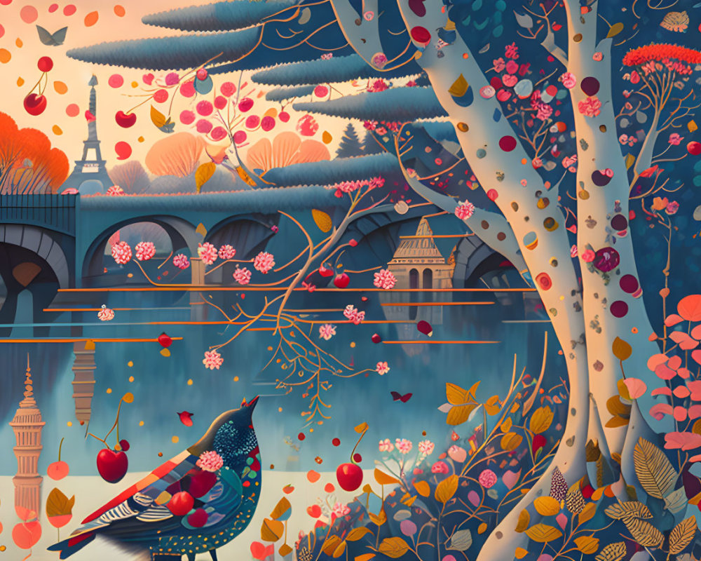 Colorful bird, trees, and Eiffel Tower in scenic illustration