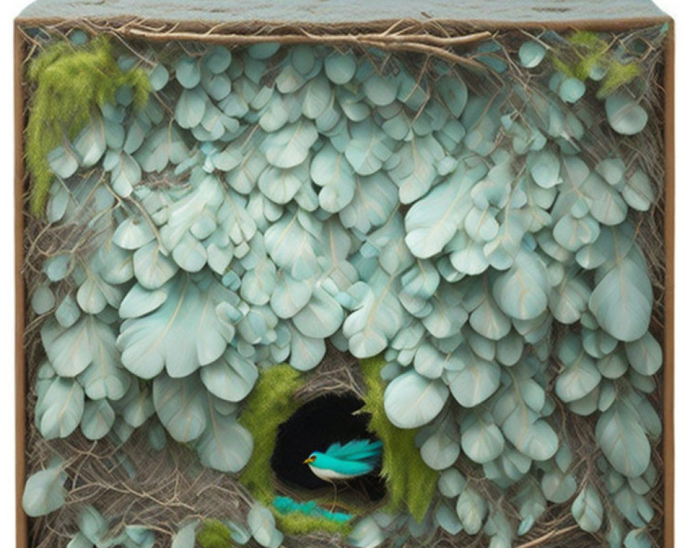 Surreal image: Box with blue feathers nest & small bird, green moss