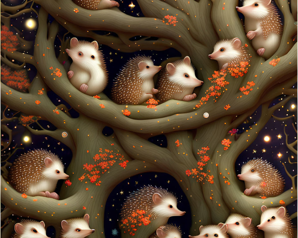 Multiple hedgehogs in intricate tree with orange flowers under starry sky