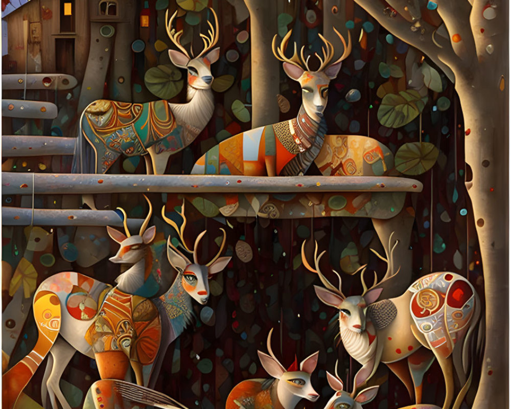 Illustration of stylized deer in enchanted forest with autumnal atmosphere