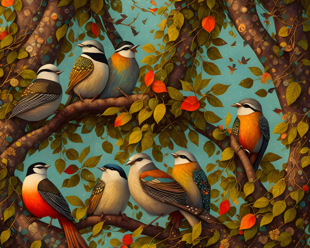 Colorful Stylized Birds on Autumn Branches with Berries and Leaves