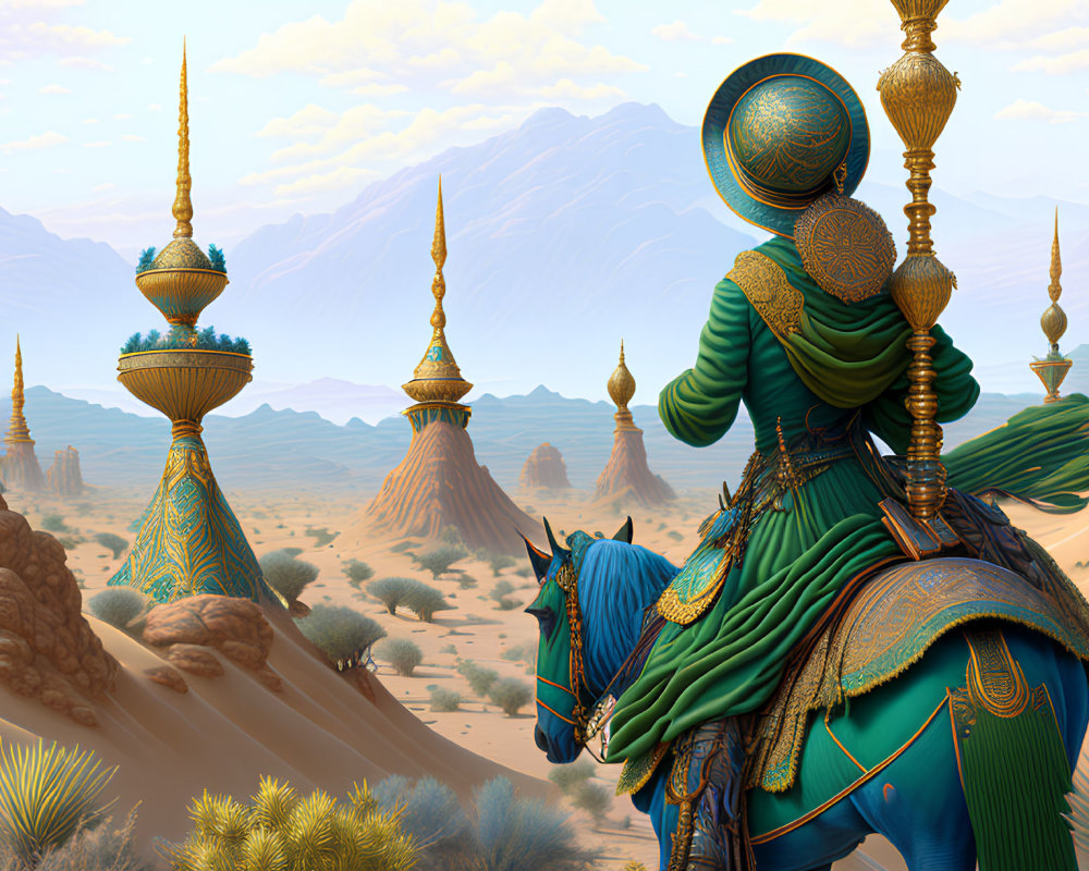 Person in ornate turquoise and gold armor riding a horse through fantastical desert landscape