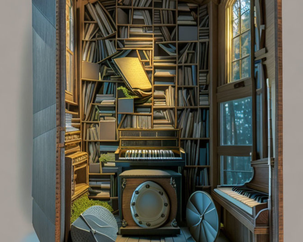 Detailed Wooden Miniature Library with Books, Staircase, Furniture, and Tree View