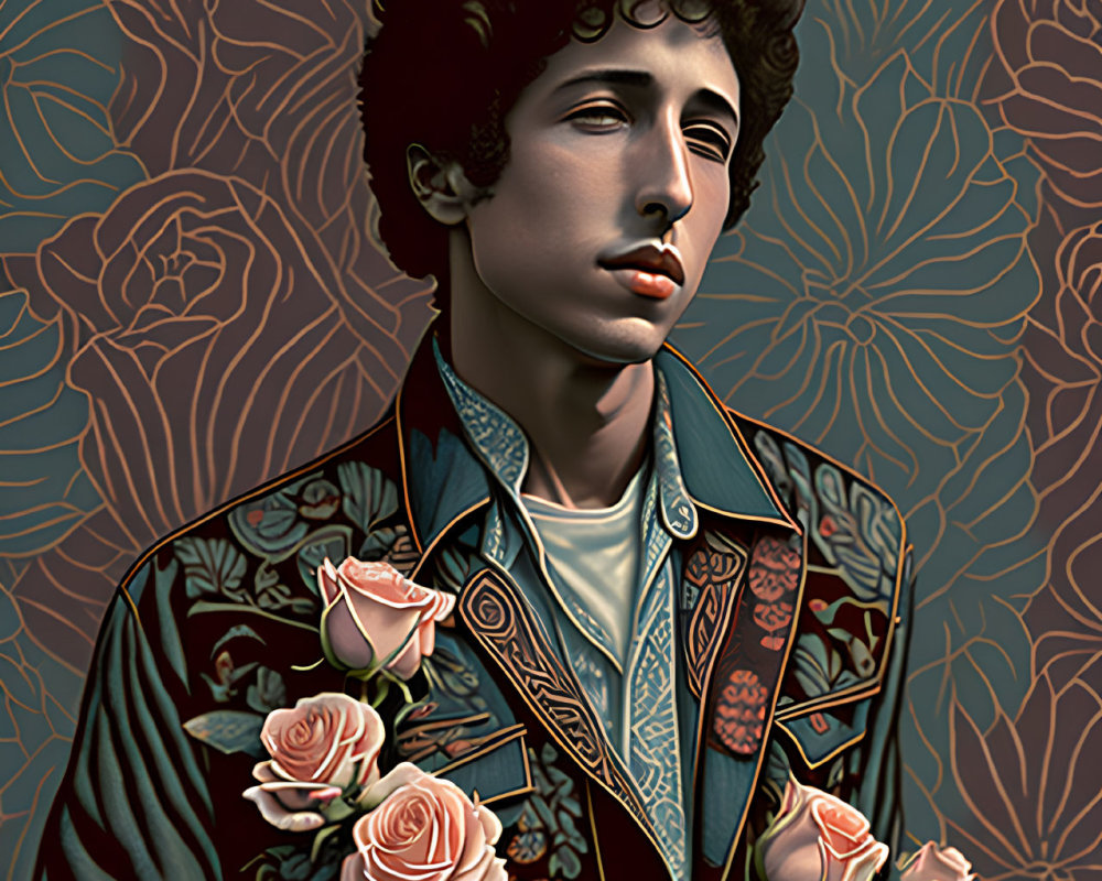 Curly-haired person in rose-adorned jacket with floral backdrop