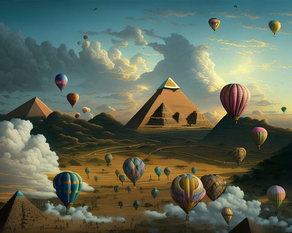 Hot air balloons over Egyptian pyramids at sunset