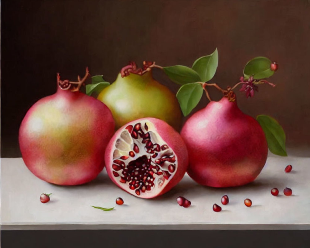 Classic Still Life Painting with Pomegranates and Pear