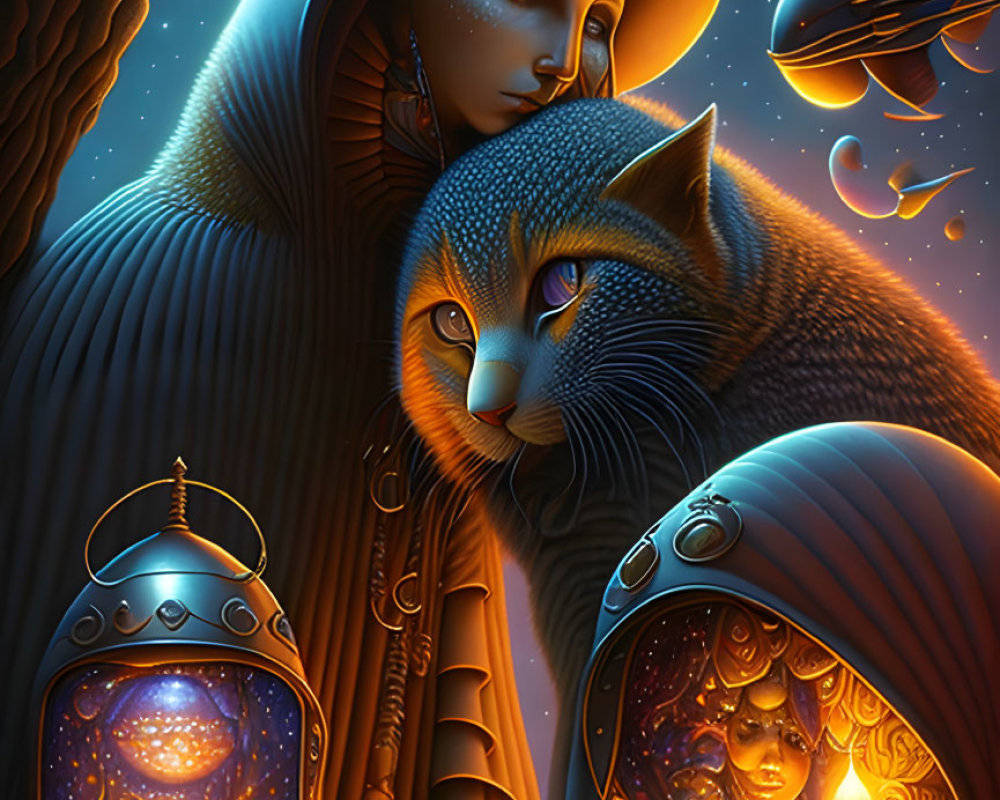 Robed Figure, Large Cat, Floating Fish, Lanterns in Mystical Artwork