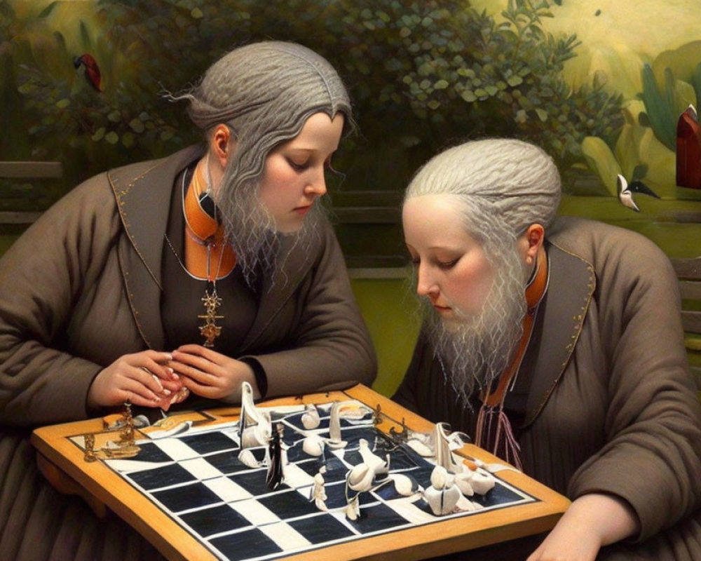 Two women in medieval attire play chess in lush green landscape