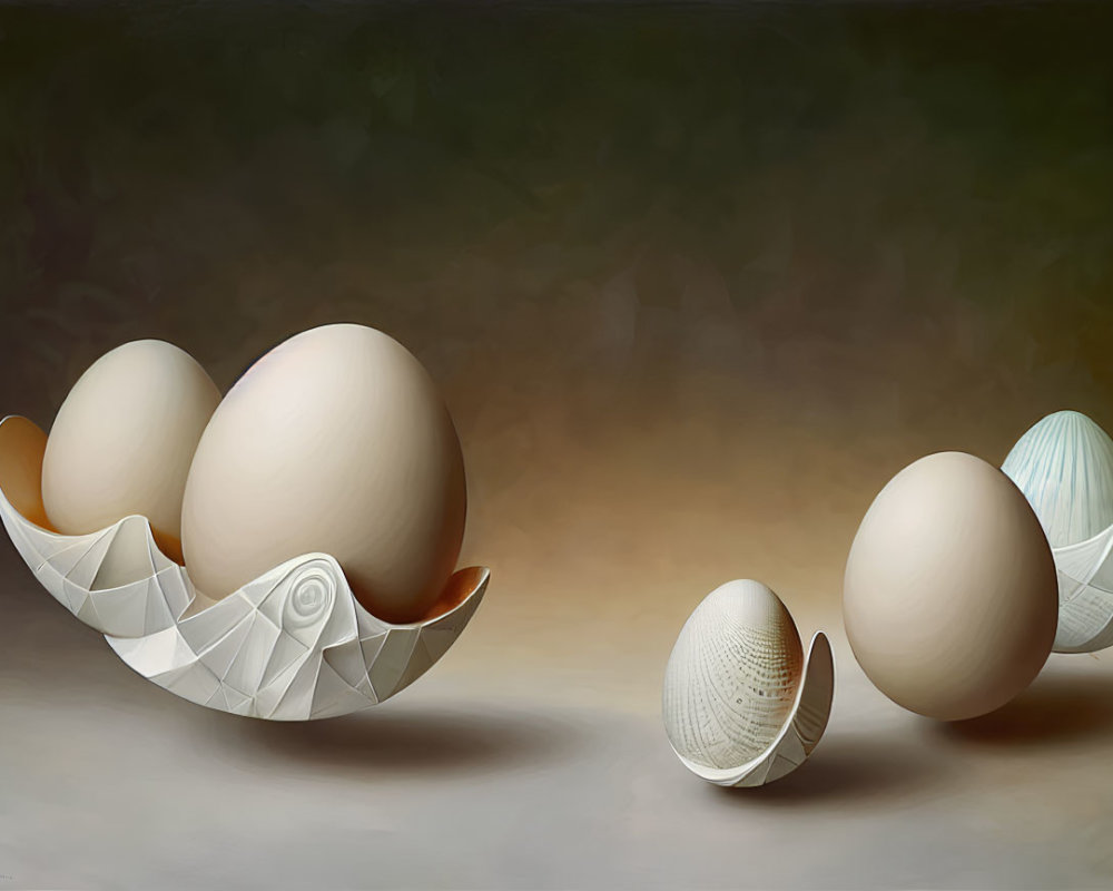 Realistic Painting of Eggs with Half-Shell Rolling and Standing Egg