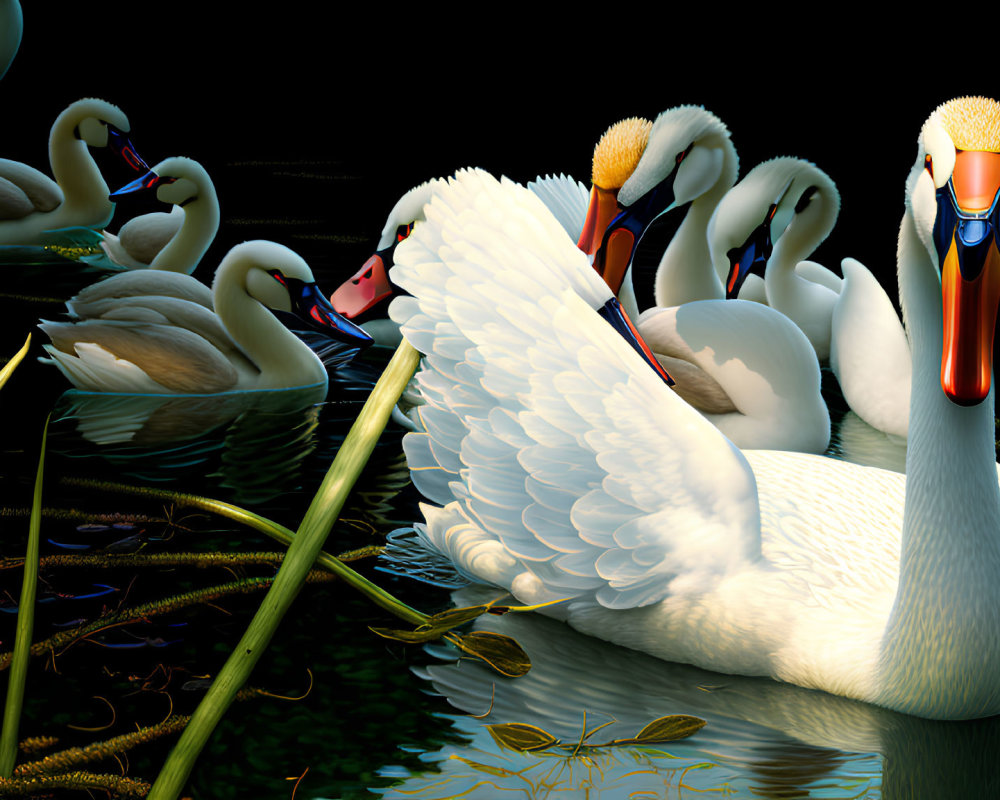 Graceful swans with intricate feathers in serene water with reeds.