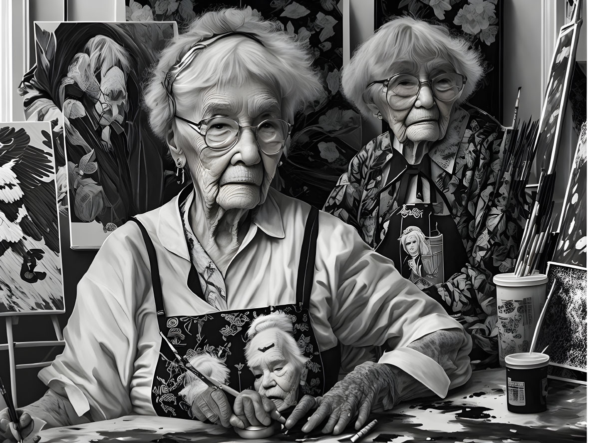 Two elderly women surrounded by art supplies at a desk with a painting behind them