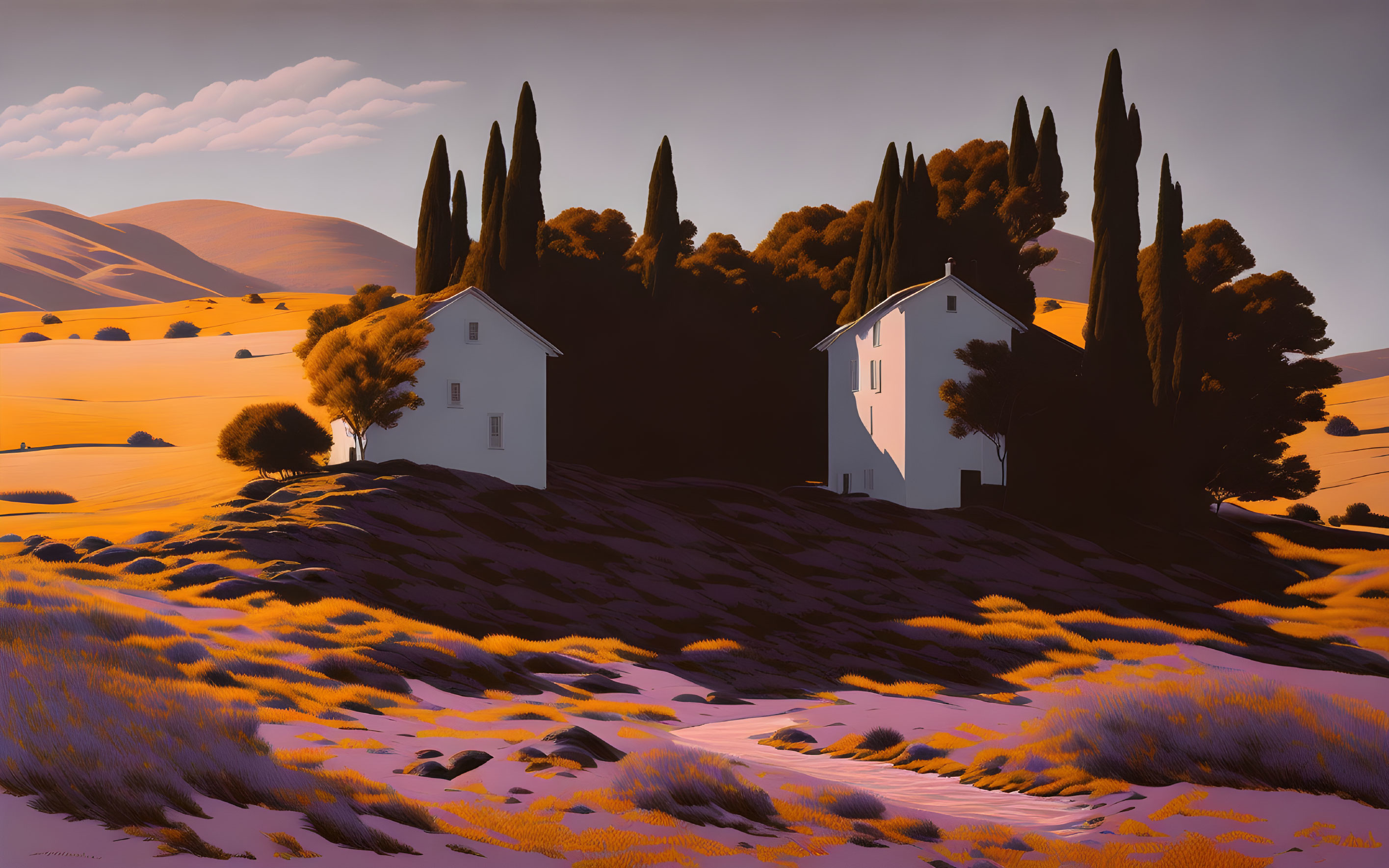 White Houses in Golden Field with Cypress Trees and Orange Sky