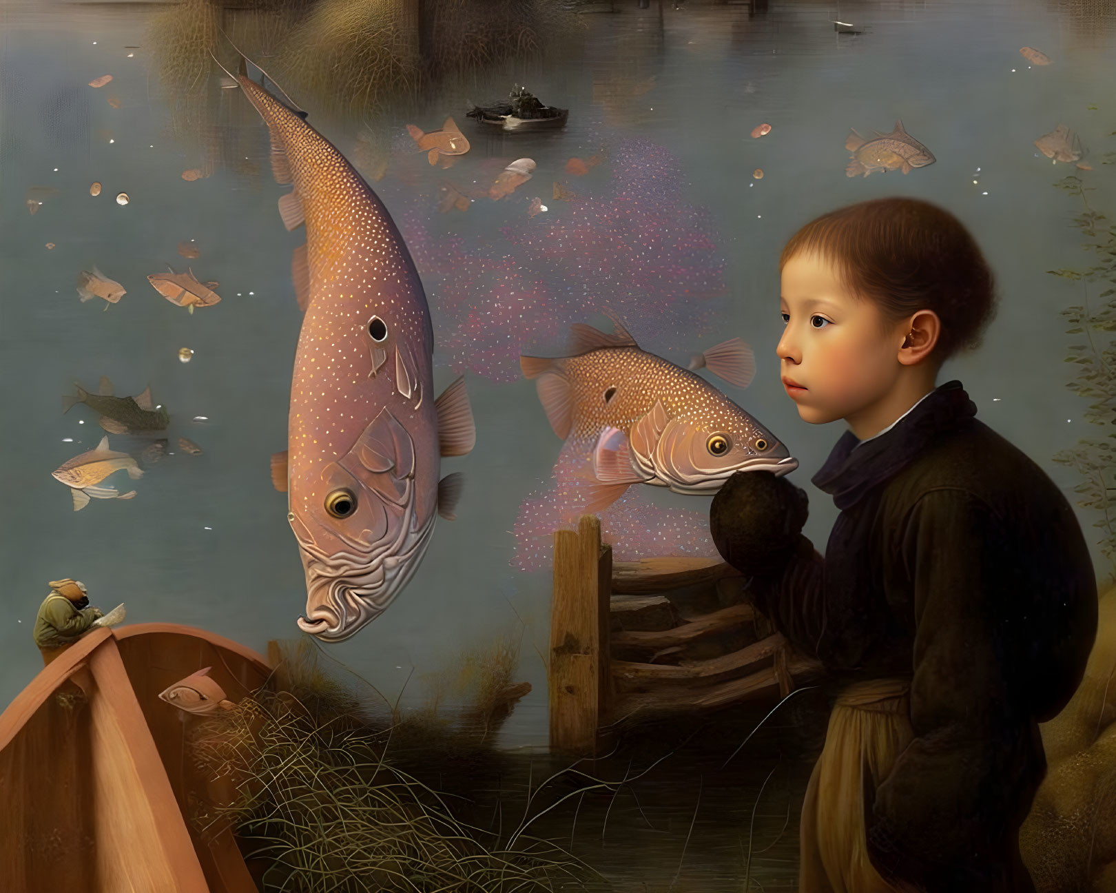 Surreal painting of child, fish, boat, and frog by calm pond