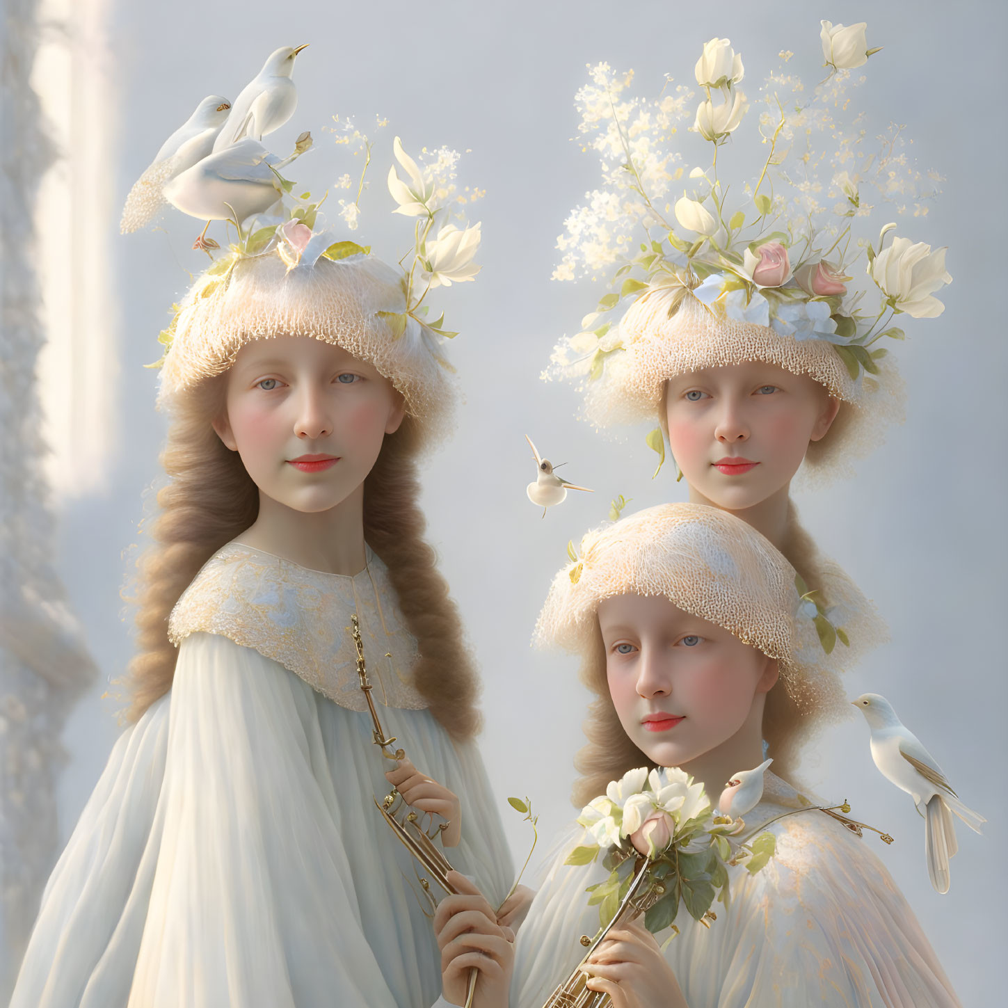 Three women in white gowns with floral wreaths in serene setting