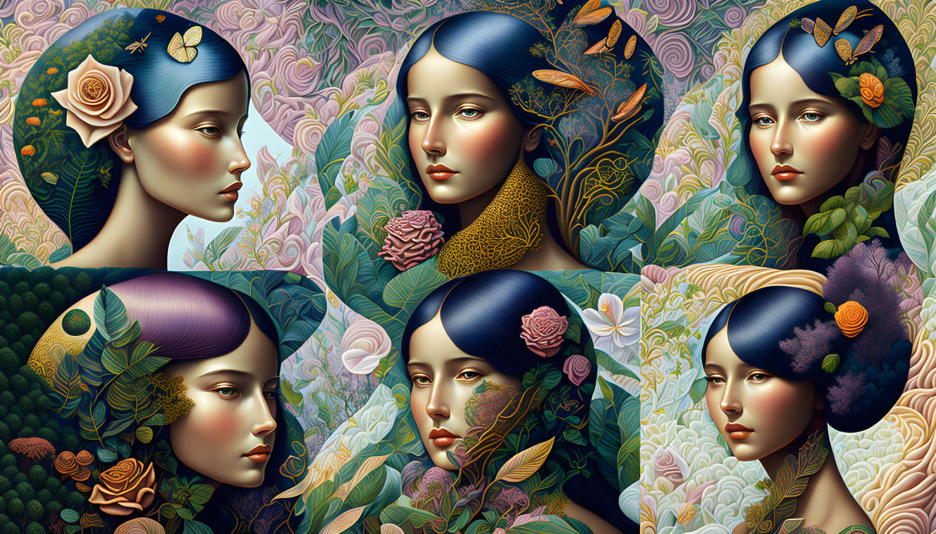 Six stylized portraits of a woman with floral elements and intricate patterns in Art Nouveau style.