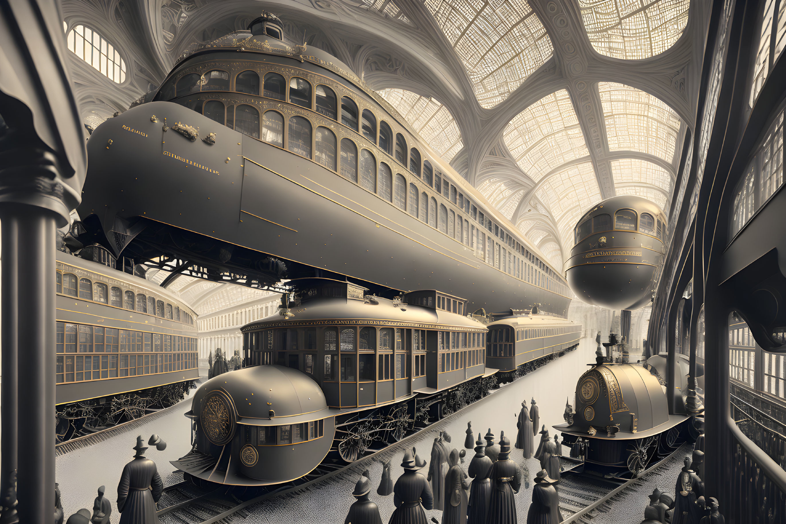 Digitally illustrated steampunk train station with vintage trains and passengers under glass ceiling