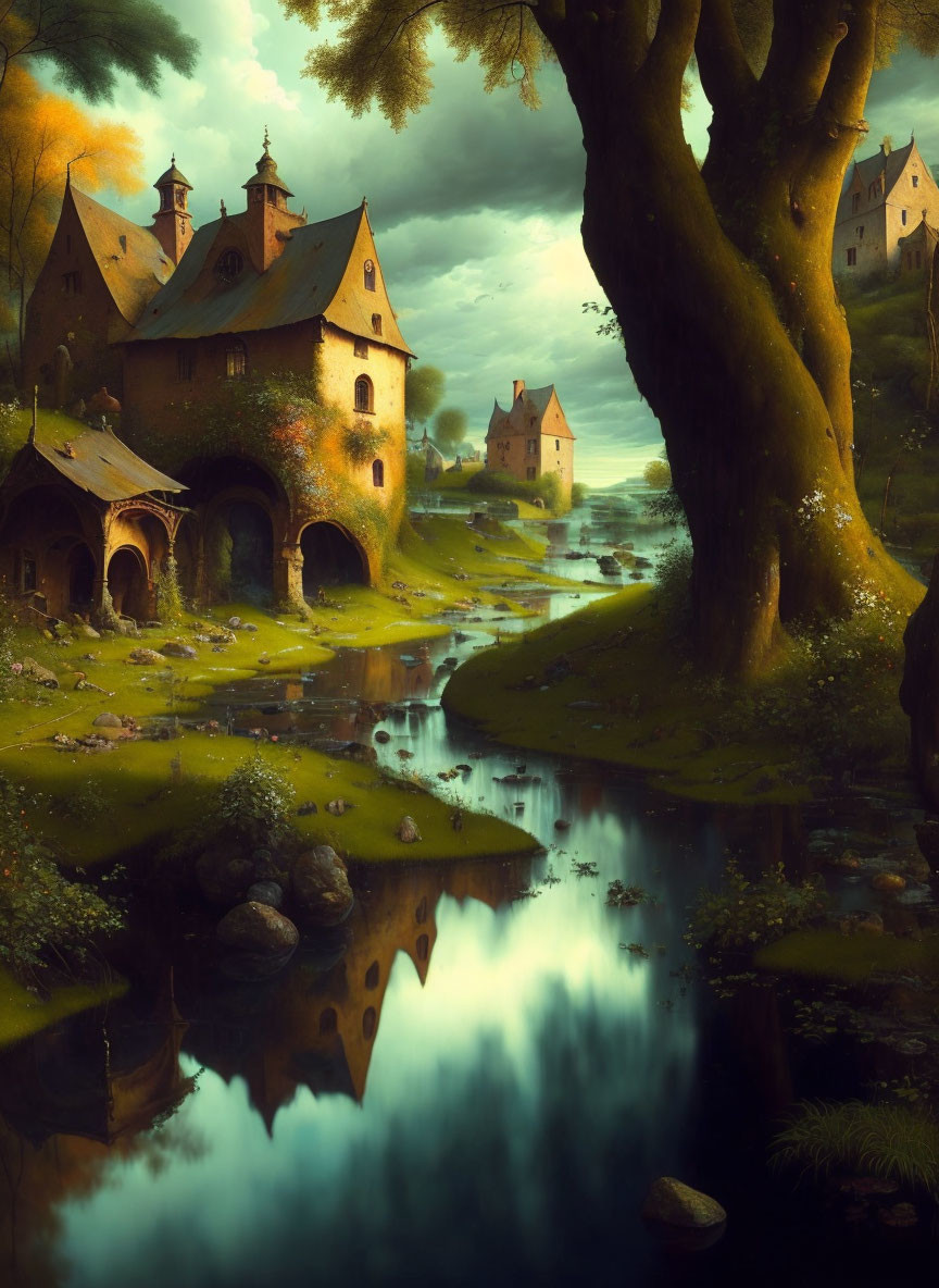 Medieval-style houses by serene river with large tree and warm light