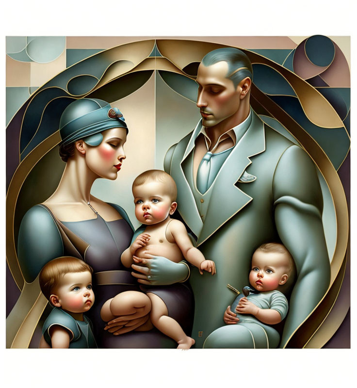 Stylized painting of family with three babies, father smoking pipe, mother embracing children