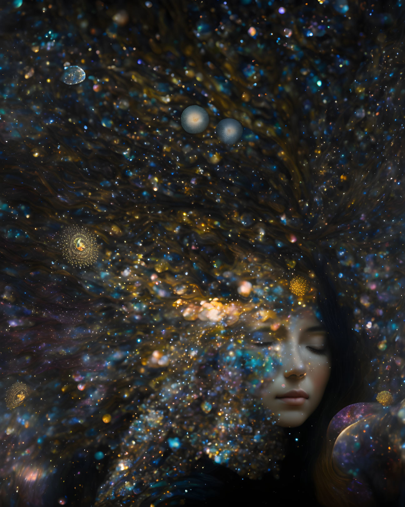 Surreal portrait of woman with hair merging into cosmos background