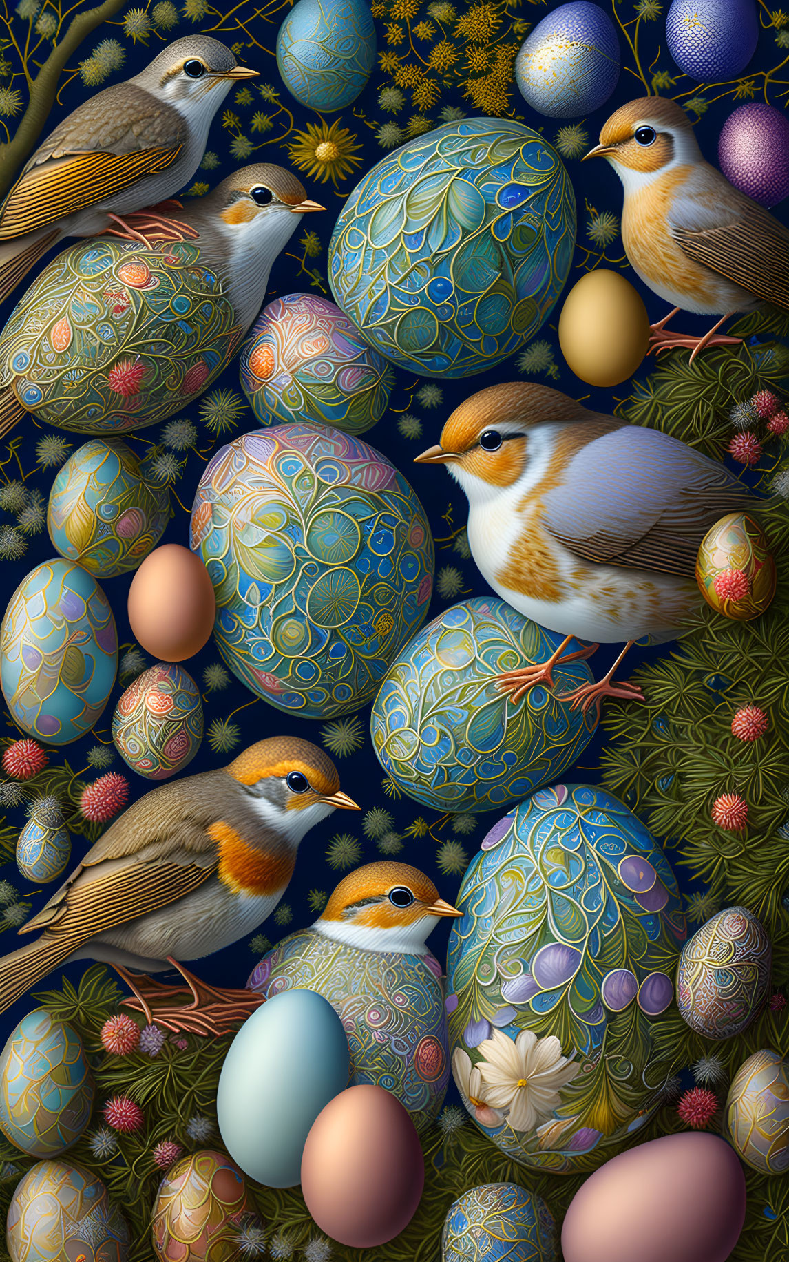 Detailed artwork of robins, eggs, and foliage on dark background