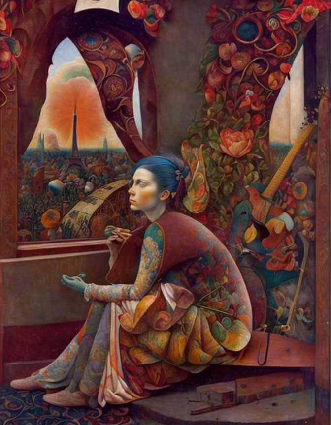 Woman in vibrant dress gazes at surreal landscape with peacock and volcanic eruption