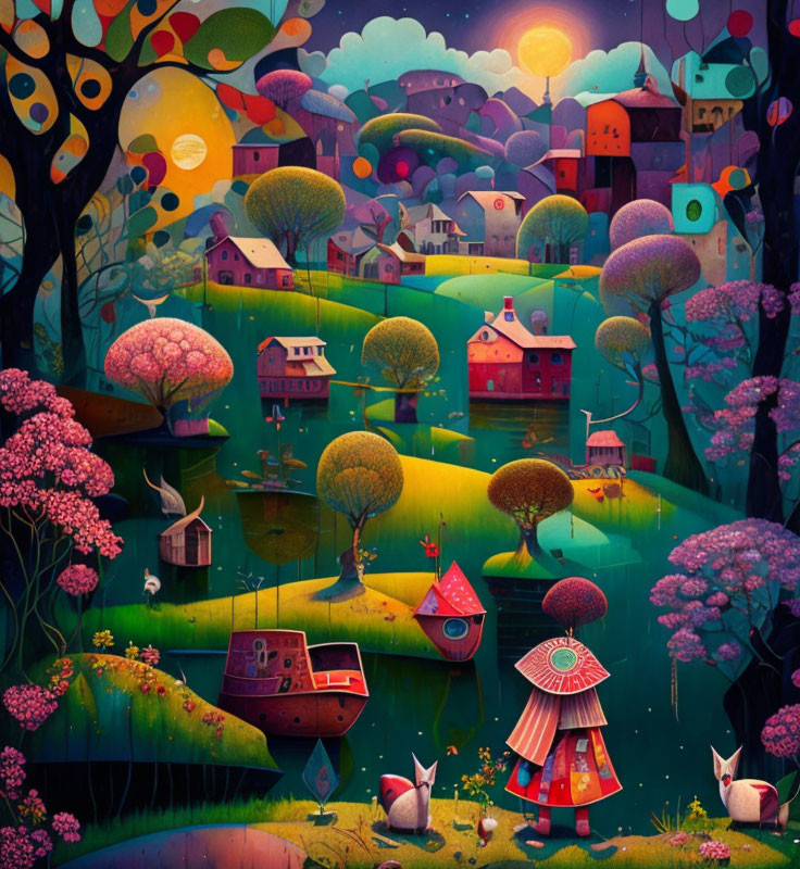 Vibrant village illustration with unique trees, houses, boat, and whimsical characters