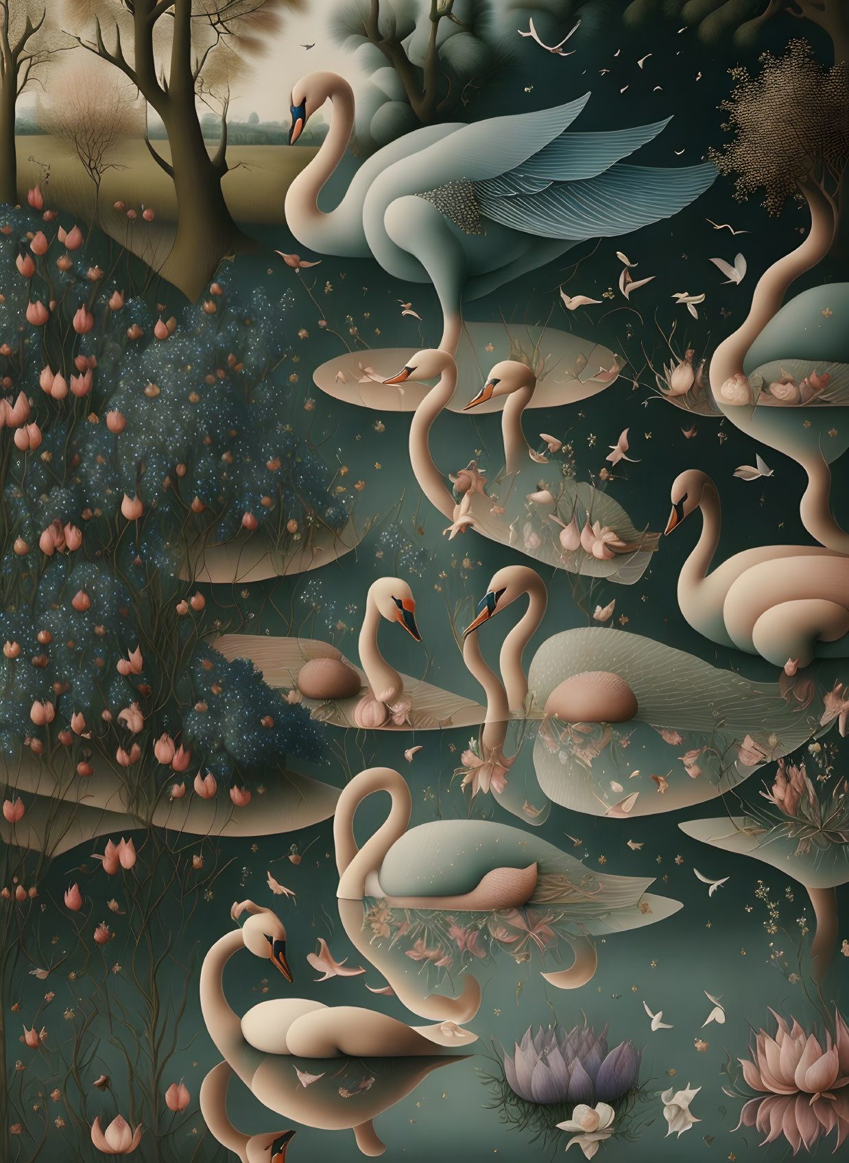 Surreal illustration of swans in lotus garden with greenish-auburn backdrop