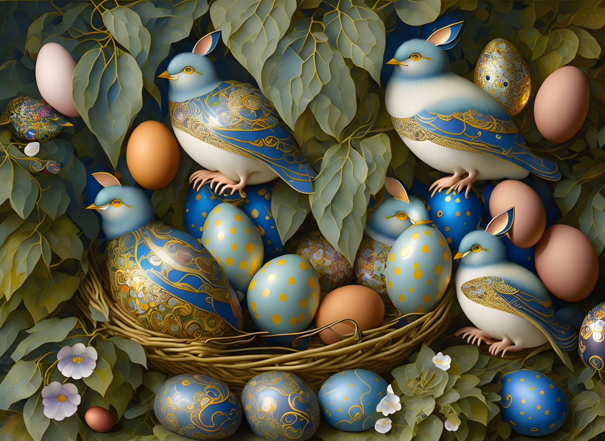 Intricate blue bird illustration in nest with ornate eggs and foliage