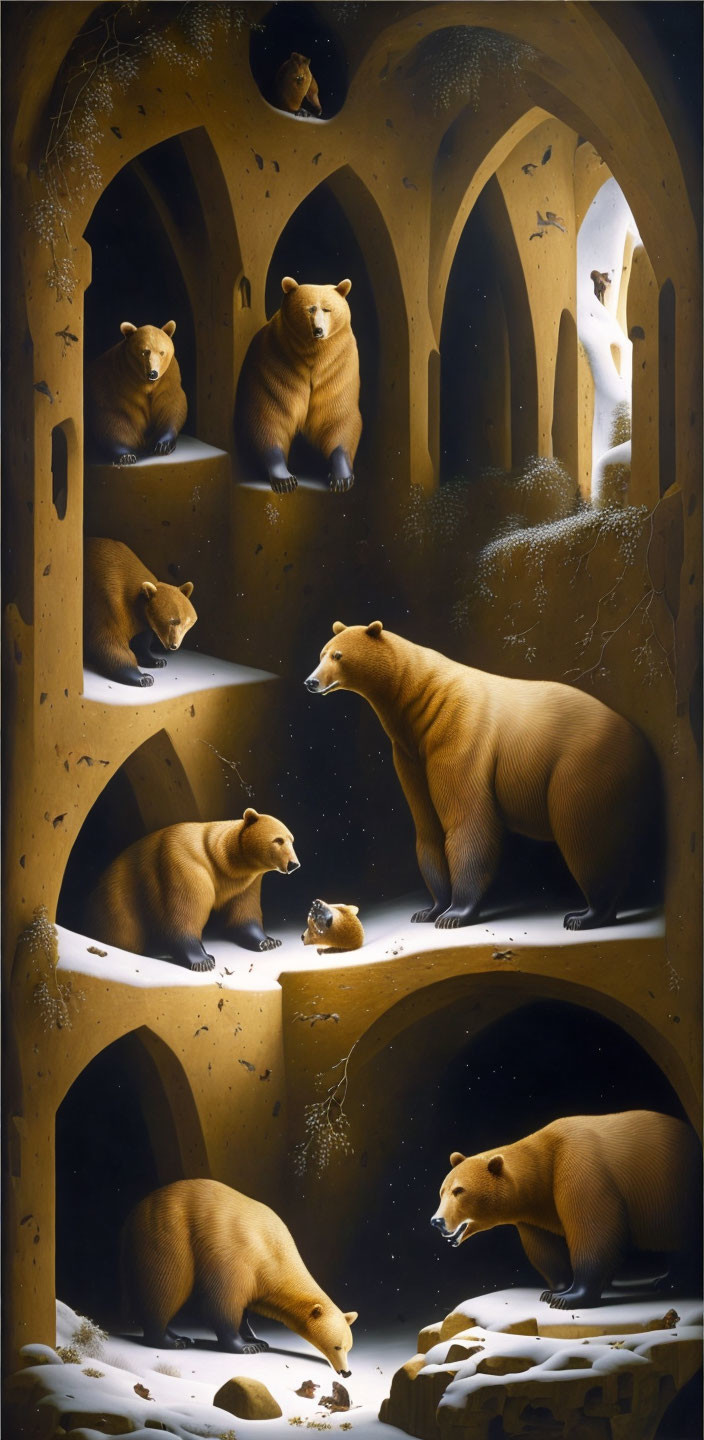 Multiple bears in gothic cathedral alcoves under starry sky