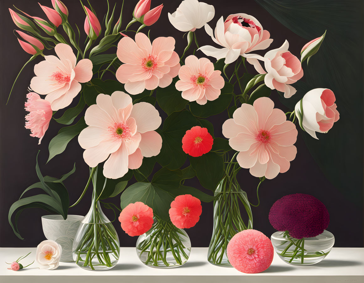 Assortment of Pink and Red Flowers in Vases with Dark Purple Bloom