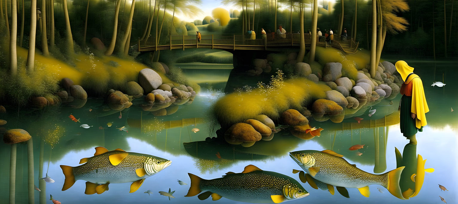 Surreal artwork of reflective pond with fish, person in yellow cloak, and people on bridge among