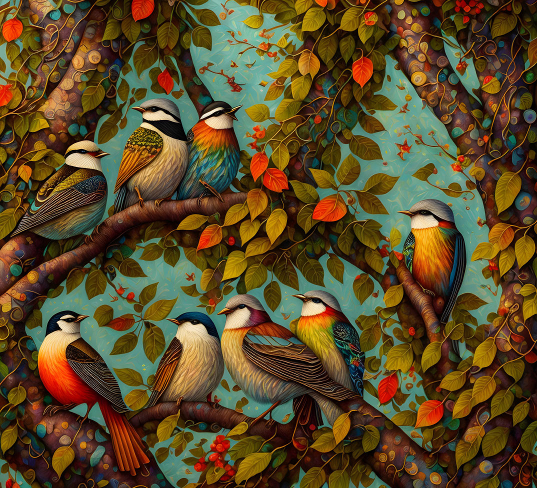 Colorful Illustration: Seven Birds on Branches with Leaves and Berries