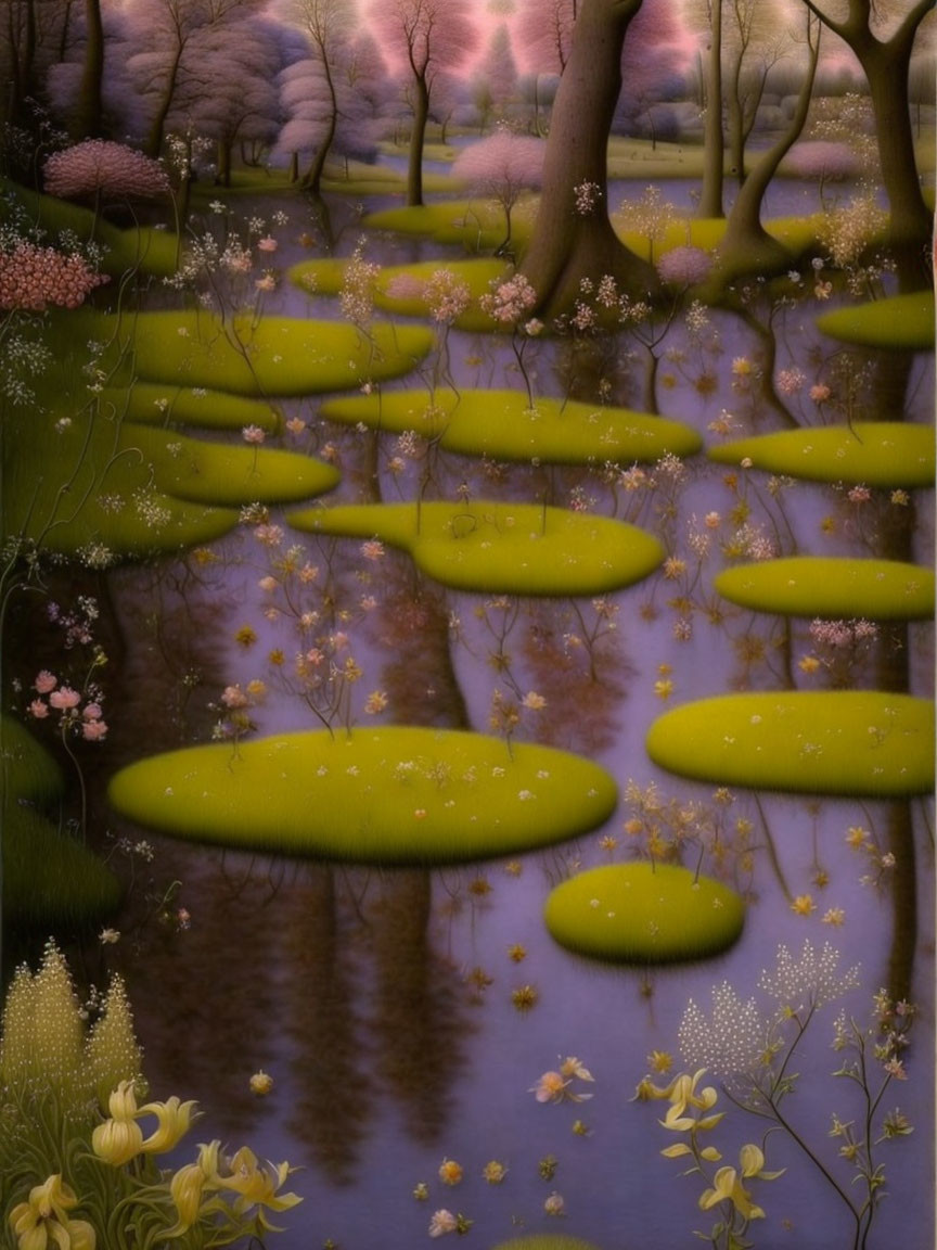 Tranquil Water Scene with Stepping Stones and Flowering Trees