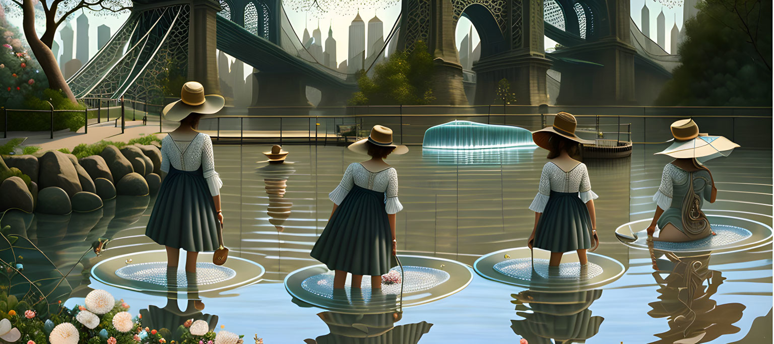 Three women in hats and dresses by serene pond with city skyline and floral bridge