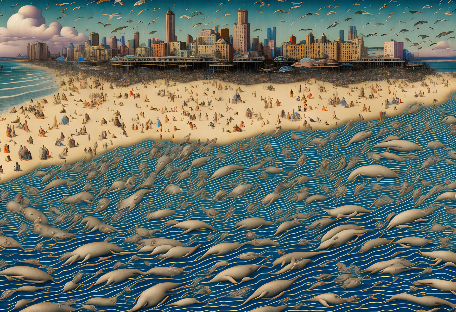 Surreal beachscape with crowded shore, seals in sea, city skyline, birds in sky