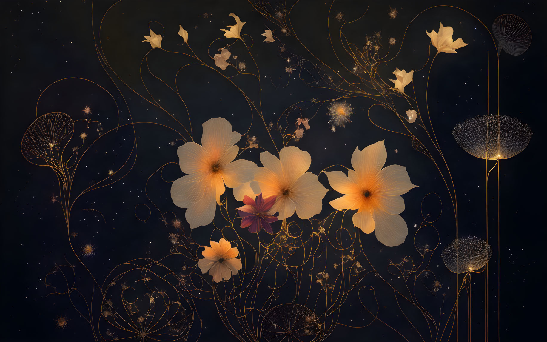 Golden flowers and tendrils on a starry background - Magical botanical night scene