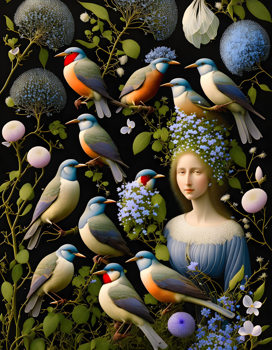 Surreal woman with vibrant birds and botanical elements on dark background