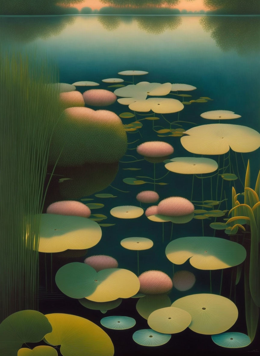 Tranquil painting of lily pads on calm water with twilight sky gradient