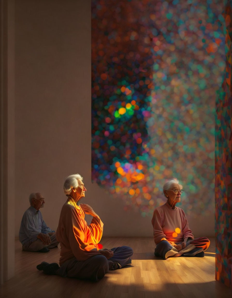 Elderly individuals sitting in colorful light from stained glass