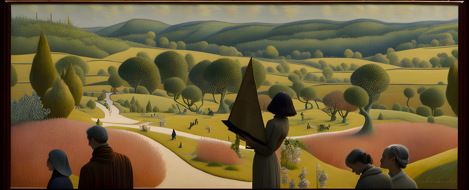 Surrealist landscape with stylized trees, rolling hills, and mirror-faced people