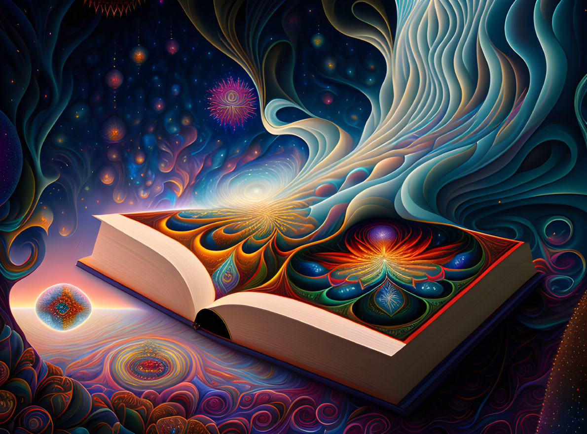 Vivid psychedelic illustrations in an open book evoking cosmic patterns and swirling colors