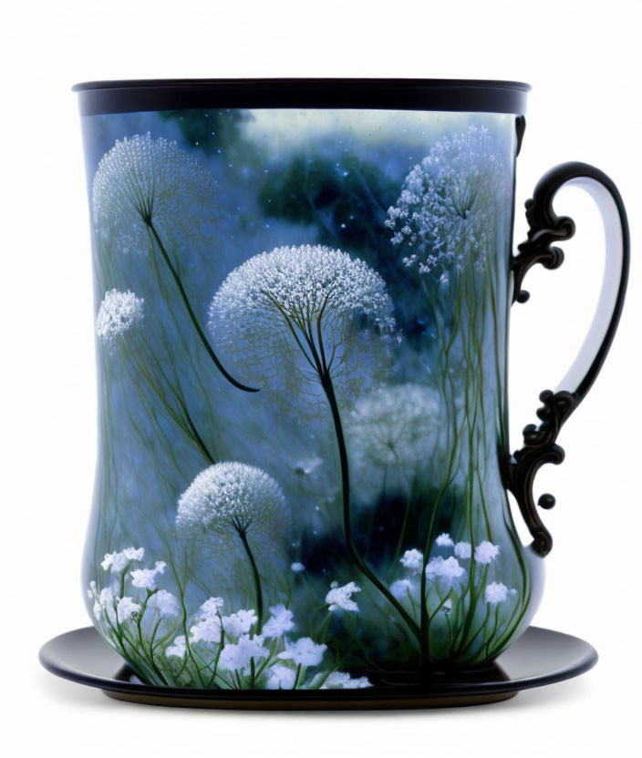 Celestial and Floral Design Cup with Dandelion Motifs and Nebula Backdrop