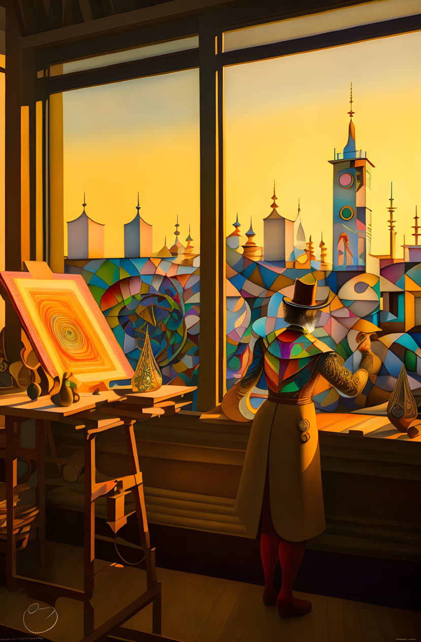 Artist in top hat painting town at sunset with geometric architecture.