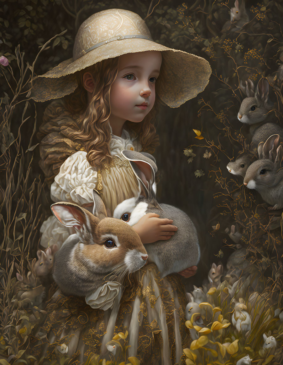 Young girl in vintage attire with rabbits in lush floral setting