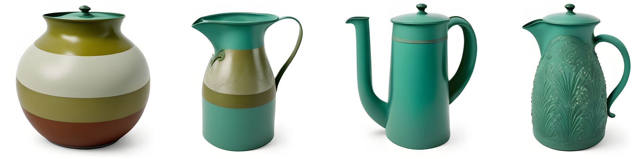 Four colorful ceramic pitchers with varied designs and handles on white background.