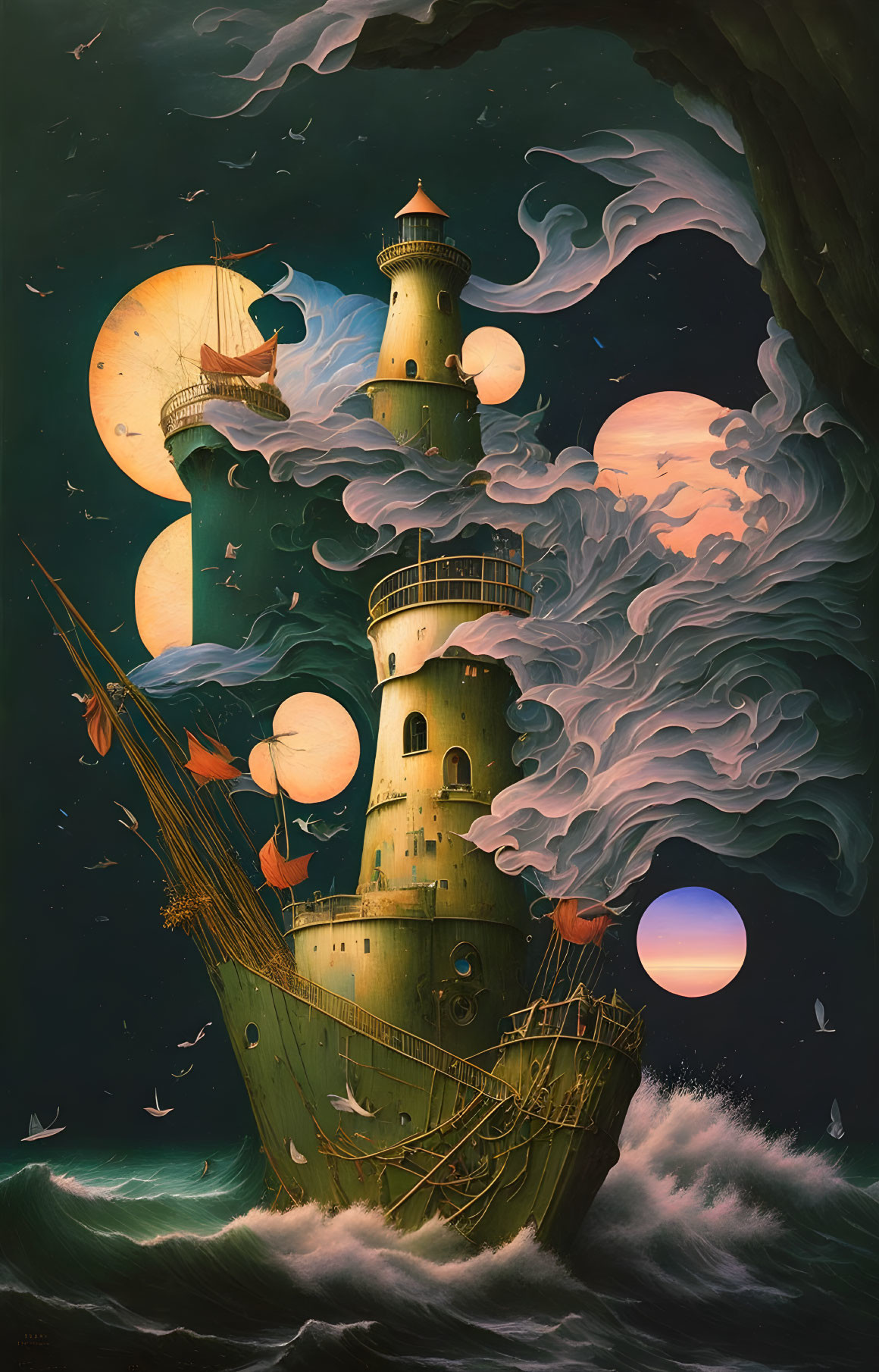 Surreal ship-like lighthouse in a sea with multiple moons - fantasy and maritime themes