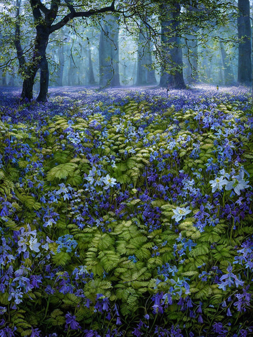 Enchanting forest scene with bluebells, ferns, and towering trees